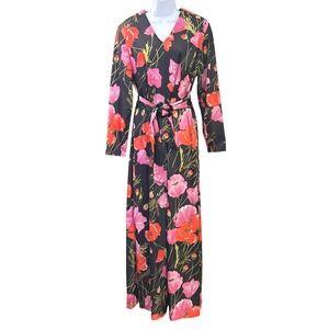 Vintage Joan Curtis Floral Maxi Dress Black Pink Red Poppy Print Belted Gown